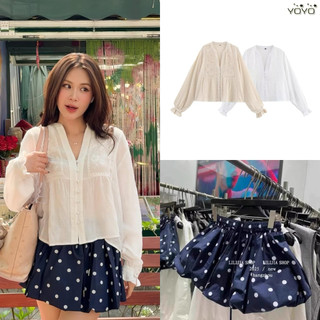 Áo ren đũi dài tay +chân váy chấm bi xanh đen(Sẵn áo Size XS S)