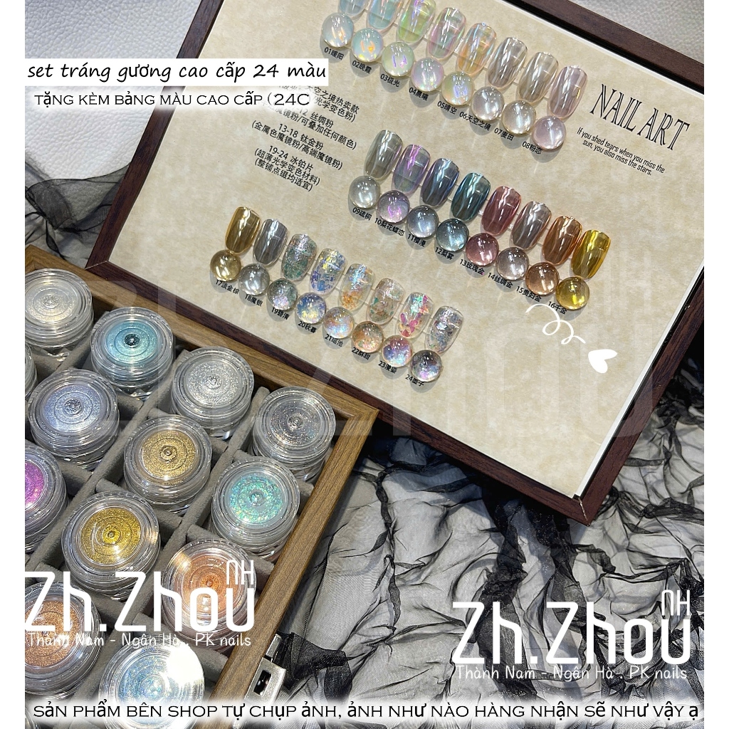 Set tráng gương 24 màu tặng kèm bảng màu + hộp đựng gỗ cao cấp