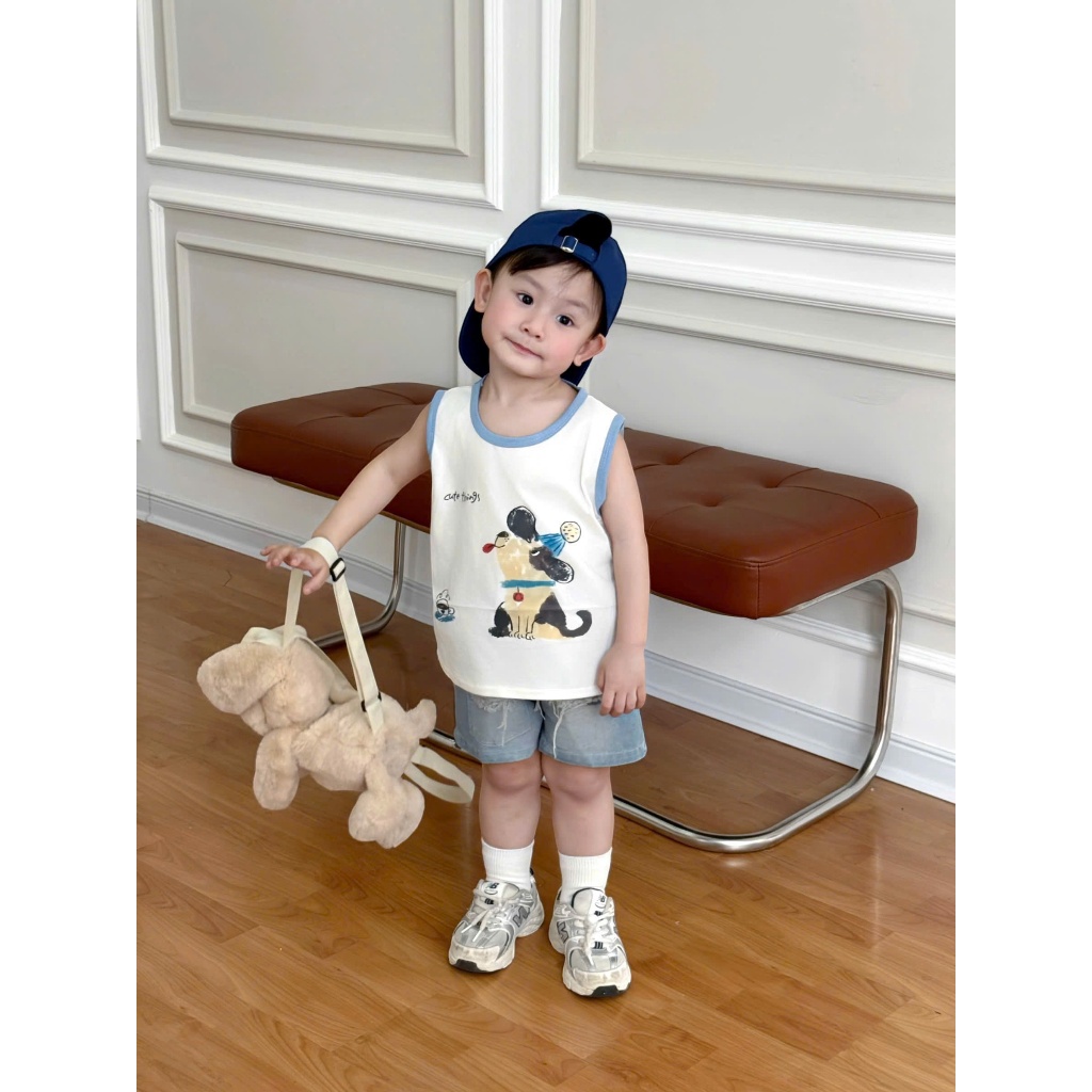 Bộ quần áo ba lỗ họa tiết CÚN chất cotton mềm mịn,thoáng mát kèm quần jean phong cách cho bé mặc nhà, đi học đi chơi siz