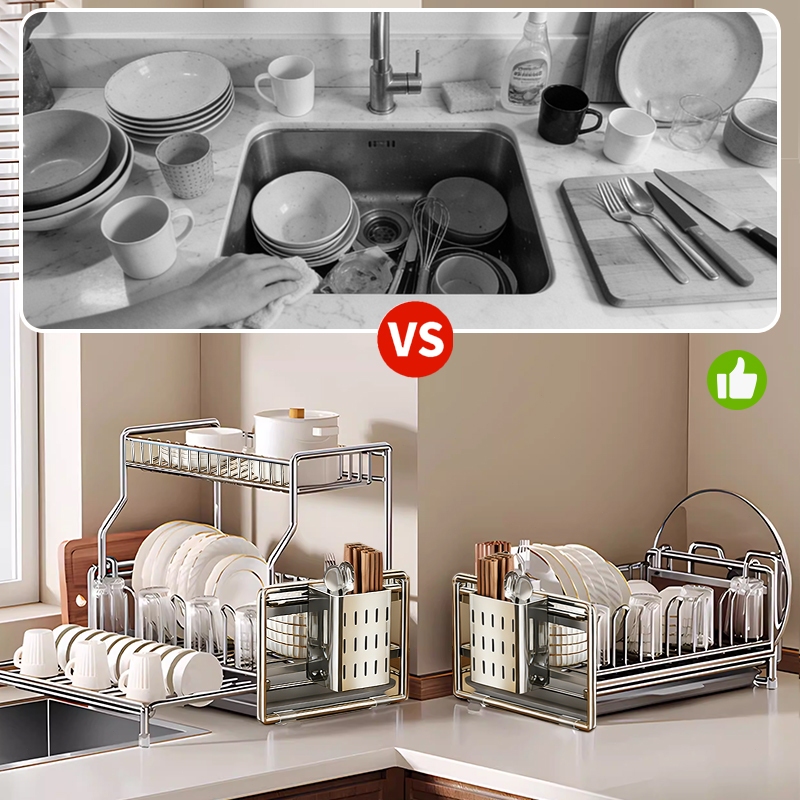 Lifinity Giá Úp Bát Đĩa Đa Năng 2 Tầng Inox - Kèm Khe Đựng Thớt & Ống Đũa, Gọn Gàng Nhà Bếp