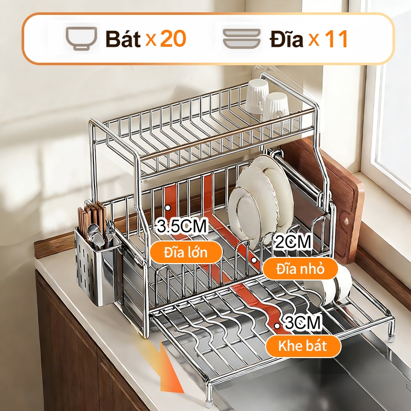 Lifinity Giá Úp Bát Đĩa Đa Năng 2 Tầng Inox - Kèm Khe Đựng Thớt & Ống Đũa, Gọn Gàng Nhà Bếp