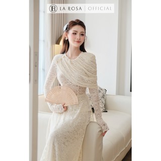 Bộ Áo Dài Ren Hoa Sang Trọng La Rosa Áo Dài Xẻ Tả Đính Cúc Lệch Vai Tạo Điểm Nhấn Kèm Quần Lụa AD1064