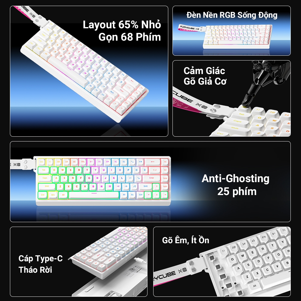 Bàn Phím Màng FURYCUBE IP68S, RGB Membrane, Layout 65% 68 Phím, Keycap PBT, Gõ êm, Cho Văn Phòng | BigBuy360 - bigbuy360.vn