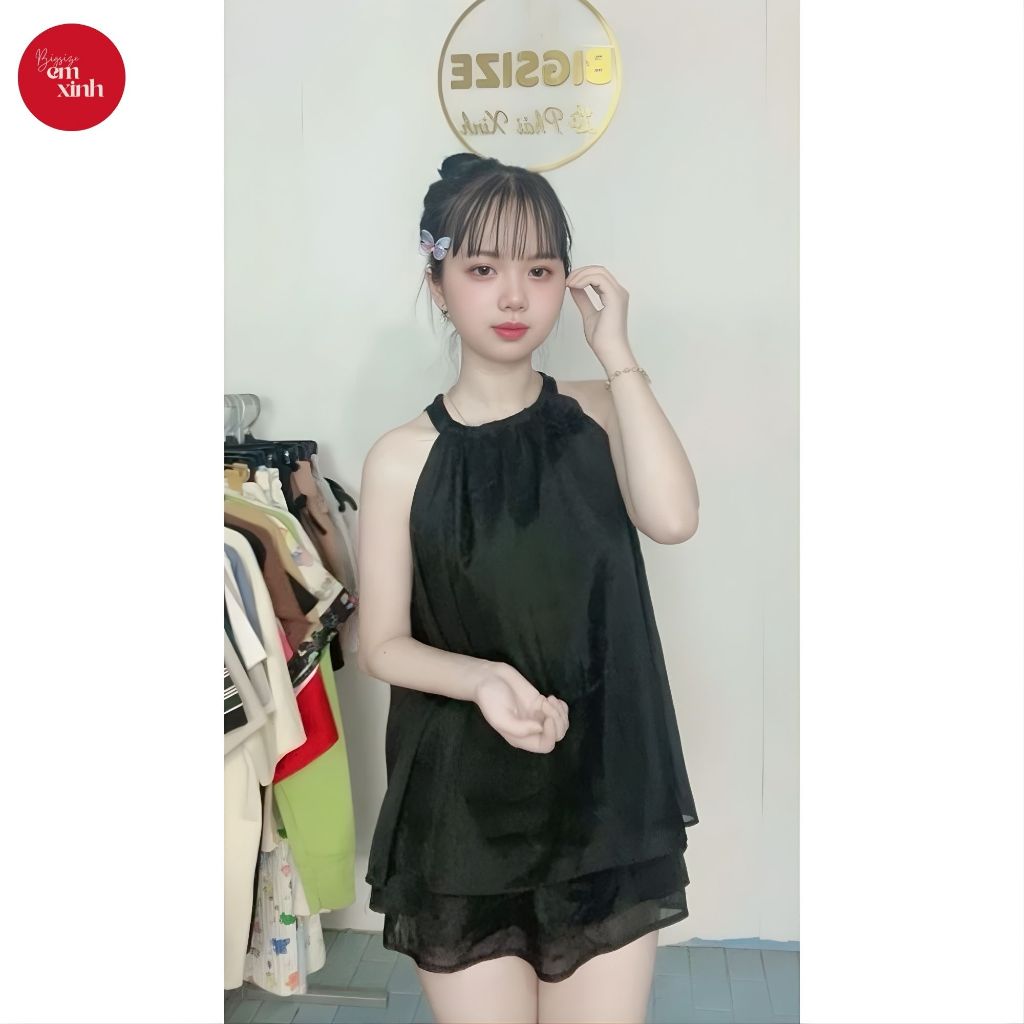 Set Babydoll Nữ Cổ Yếm Đính Hoa 2 Lớp Kèm Váy Ánh Kim Freesize 50–90kg BS060-Emxinhbigsize
