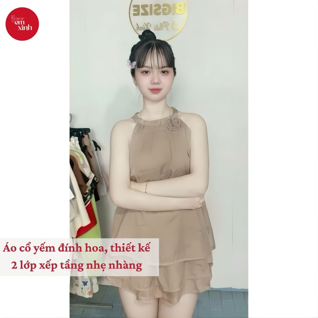 Set Babydoll Nữ Cổ Yếm Đính Hoa 2 Lớp Kèm Váy Ánh Kim Freesize 50–90kg BS060-Emxinhbigsize