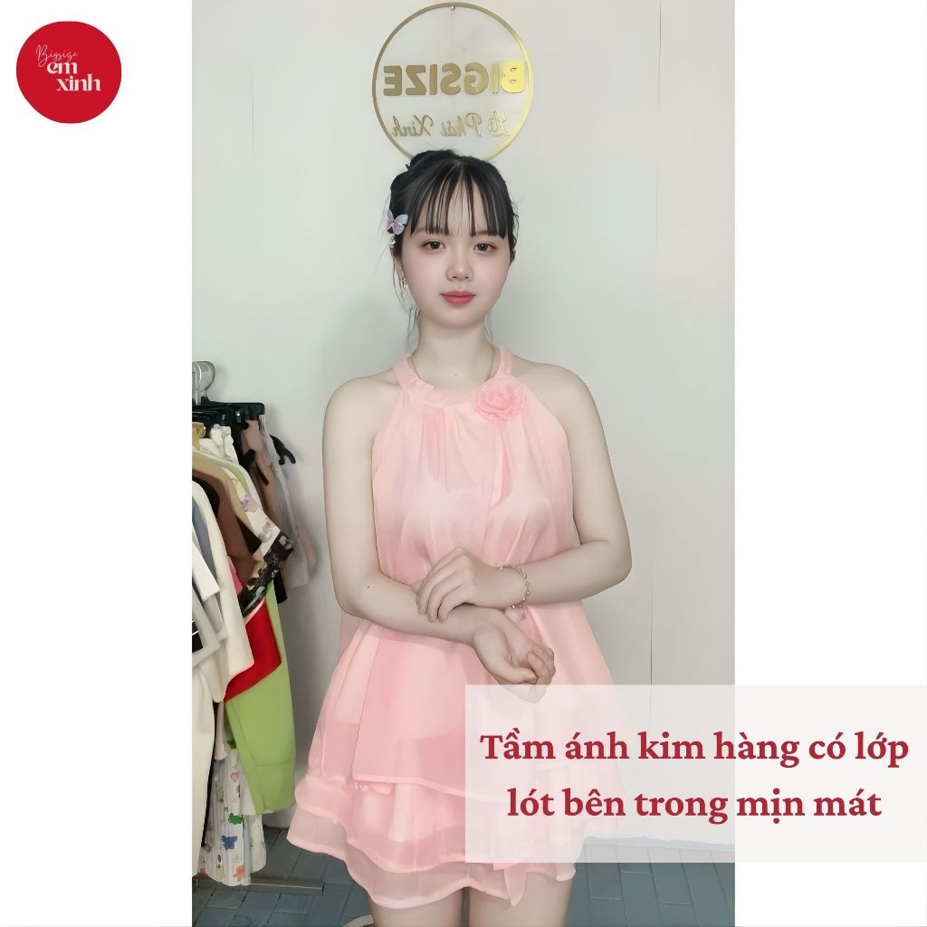 Set Babydoll Nữ Cổ Yếm Đính Hoa 2 Lớp Kèm Váy Ánh Kim Freesize 50–90kg BS060-Emxinhbigsize