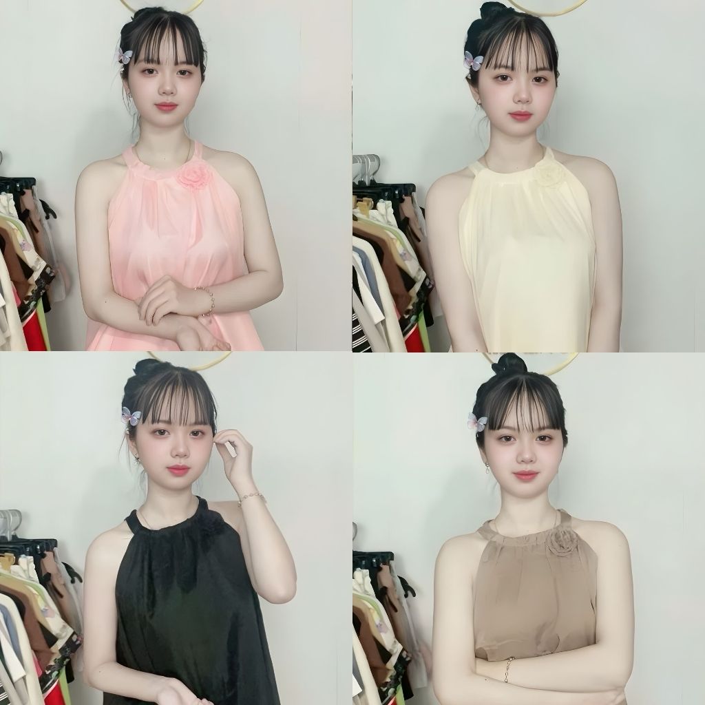Set Babydoll Nữ Cổ Yếm Đính Hoa 2 Lớp Kèm Váy Ánh Kim Freesize 50–90kg BS060-Emxinhbigsize
