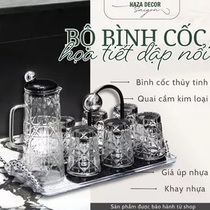 (SẴN) Bộ bình cốc uống nước thủy tinh kèm khay giá úp cốc, Bộ bình đựng nước để bàn khách 238