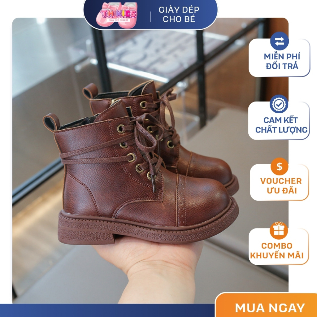 [M049] Giày Bốt Martin Trẻ Em Phong Cách Anh Quốc - Bốt Da Cao Cổ Buộc Dây Cá Tính Cho Bé TH Kids