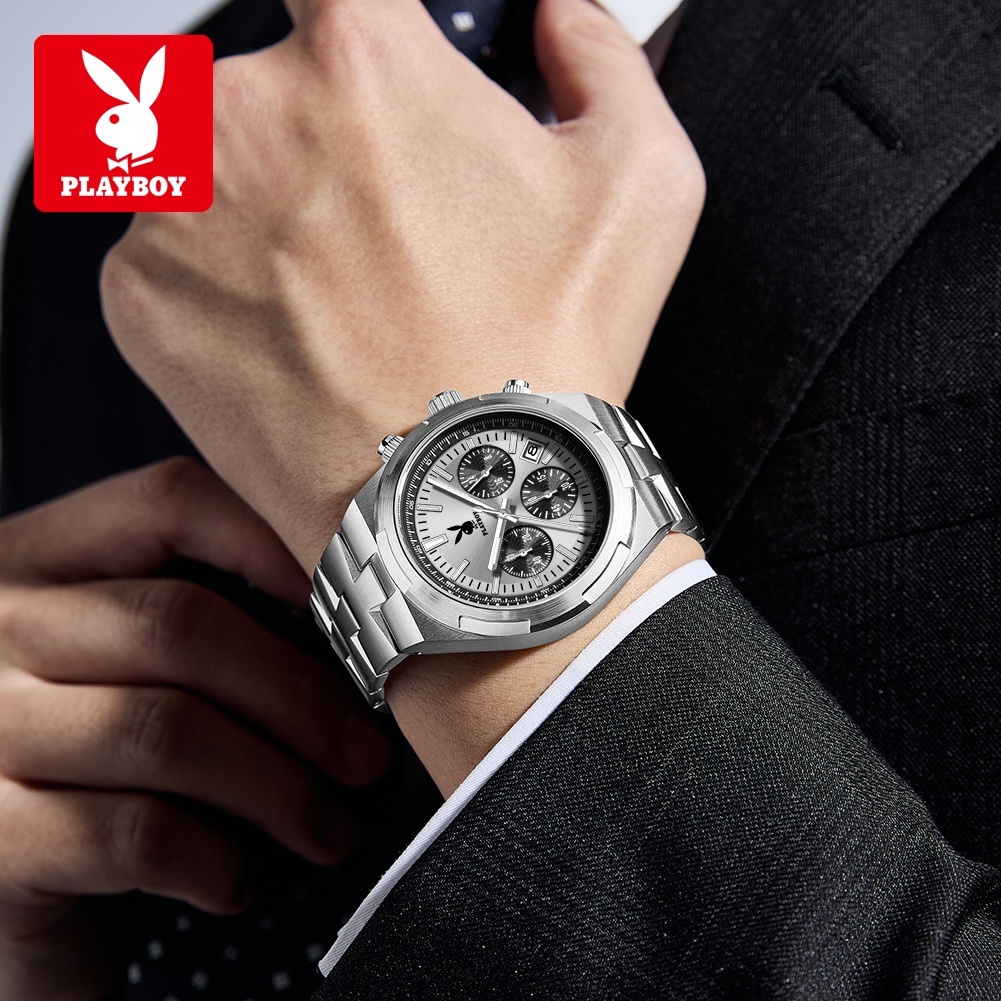 PLAYBOY Đồng hồ Nam Thạch anh dây đeo bằng thép không gỉ Lịch Đa chức năng Chống nước Quà 3111