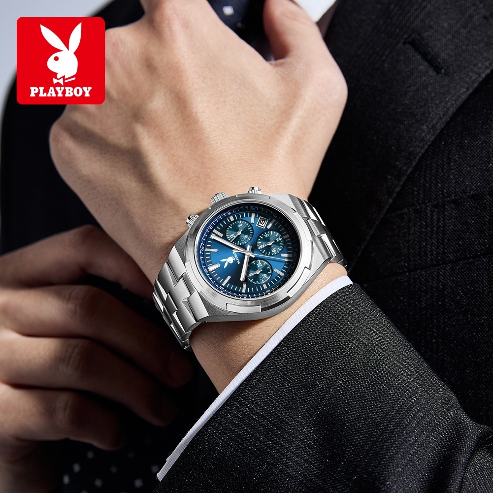 PLAYBOY Đồng hồ Nam Thạch anh dây đeo bằng thép không gỉ Lịch Đa chức năng Chống nước Quà 3111