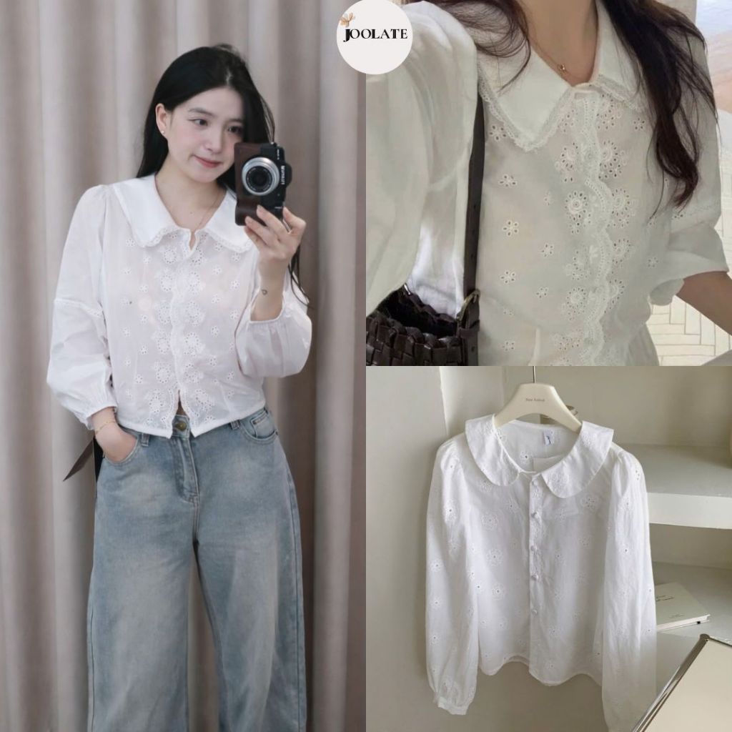 Áo Sơ Mi Tay Bồng Croptop Viền Bèo Phong Cách Vintage Nữ Tính JOOLATE 100 P7K3