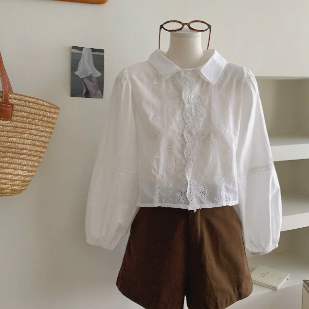 Áo Sơ Mi Tay Bồng Croptop Viền Bèo Phong Cách Vintage Nữ Tính JOOLATE 100 P7K3