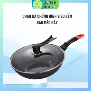 Chảo đá chống dính siêu bền, Chảo đá sâu lòng đường kính 32cm có lắp kính tiện lợi đa năng nhập khẩu Hàn tặng thìa