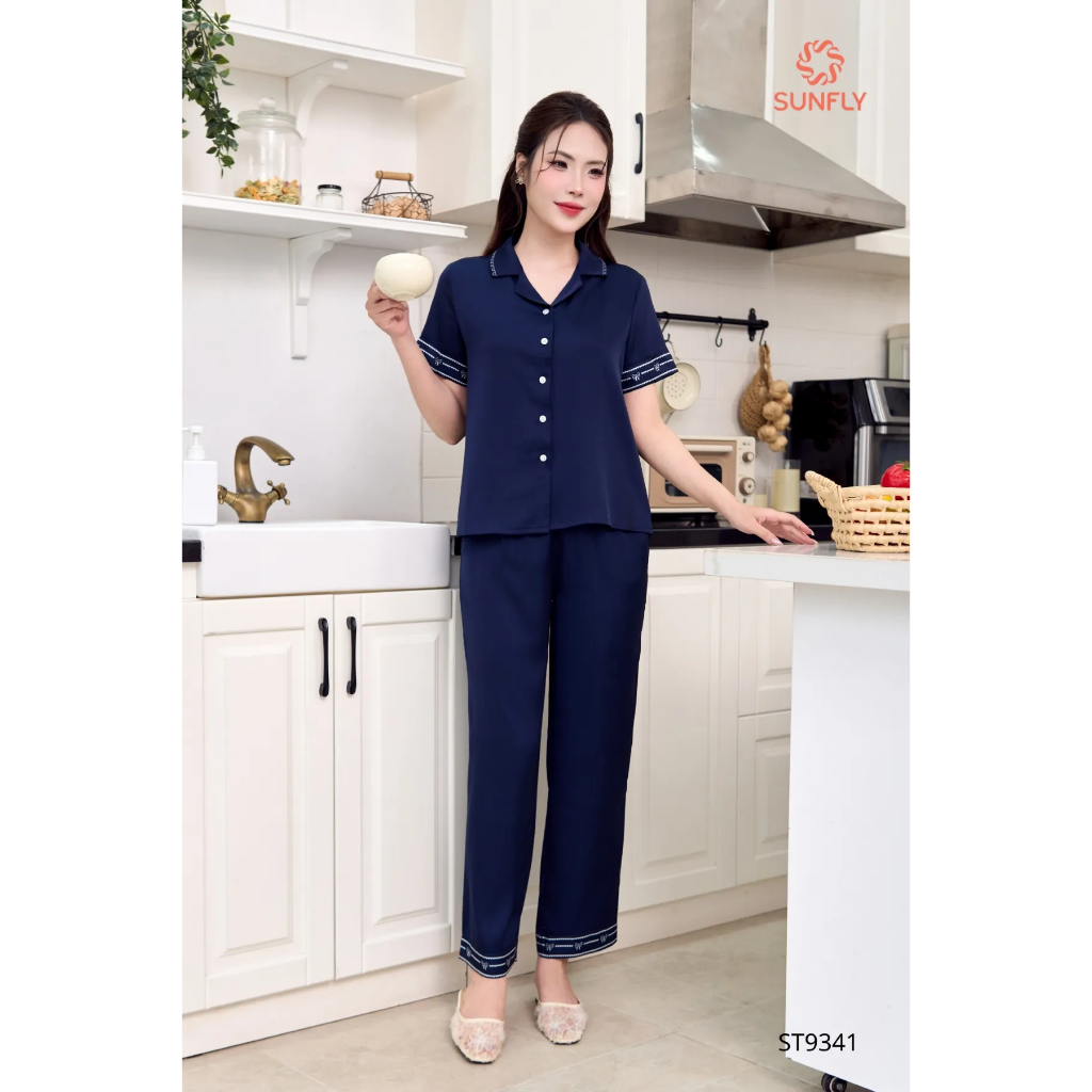 ST9341 Bộ pijama nữ lụa latin áo cộc quần dài