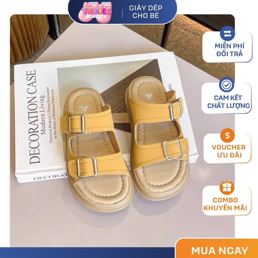 [M065] Dép Lê Trẻ Em Nữ Hai Khóa Kim Loại Màu Vàng Mustard, Dép Đi Chơi Cho Bé Siêu Nhẹ Siêu Êm TH Kids