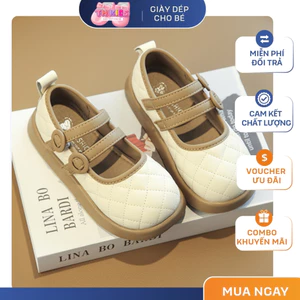 Giày Búp Bê Bé Gái Đế Mềm Chống Trượt Da Mềm Chần Ô Vuông Quai Kép Buckle Nâu Trắng Thời Trang TH Kids