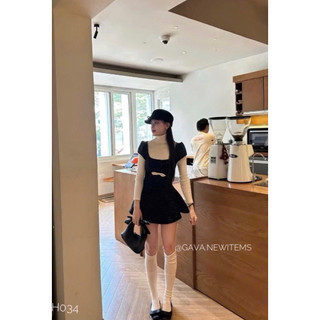 [ẢNH THẬT] VÁY DẠ CỔ VUÔNG TAY CỘC NƠ TRẮNG VDCVTC