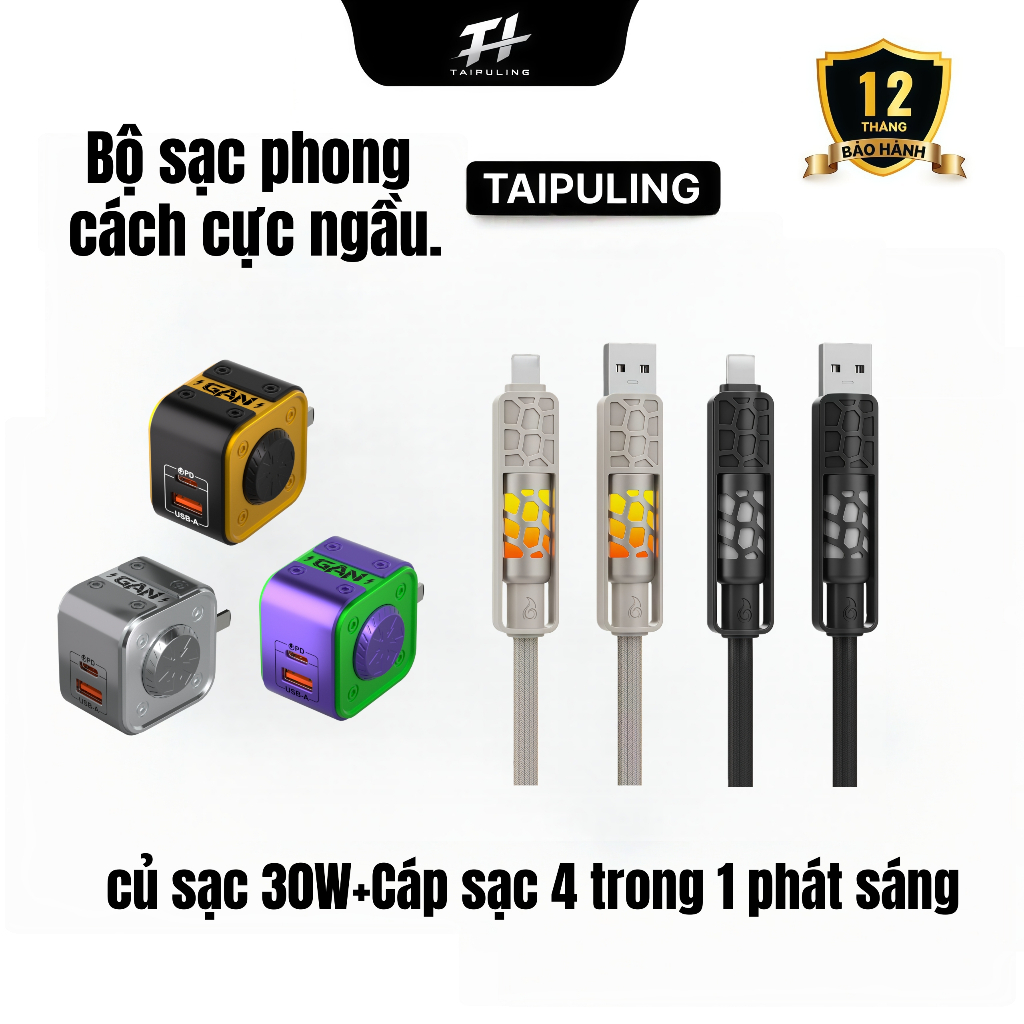 TAIPULING SINCE 2023 củ sạc 30W+1 cáp sạc 4 trong 1 phát sáng 240W Bộ combo.