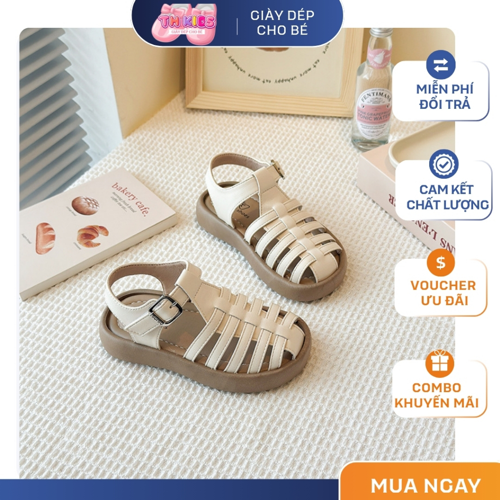 [M099] Giày Sandal Chiến Binh Bé Gái Phong Cách Hàn Quốc - Sandal Rọ Da Mềm Đế Êm Chống Trơn Trượt Cho Bé (Màu Kem)