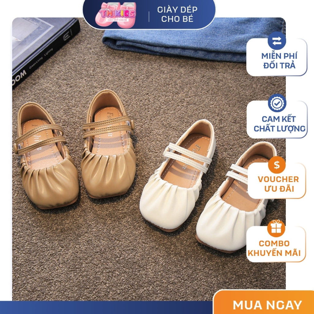 [M011] Giày Búp Bê Bé Gái Mũi Nhún Xếp Ly Da Mềm Êm Chân Quai Dán Dễ Mang Đi Học Đi Chơi Thoải Mái TH Kids