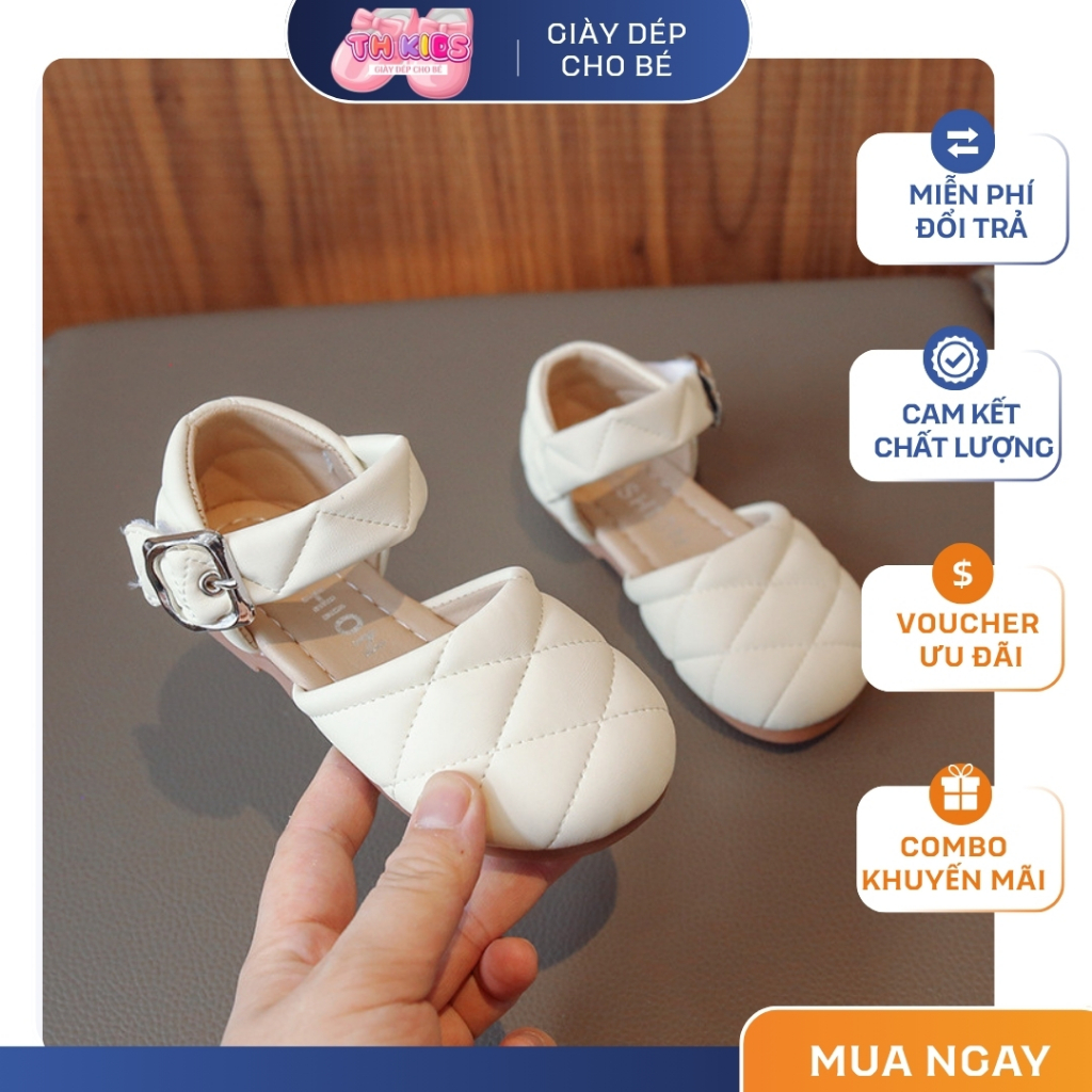 [M009] Giày Búp Bê Bé Gái Da Mềm Phối Khóa Vuông, Mũi Trần Chần Sang Trọng, Màu Hồng Kem Thời Trang
