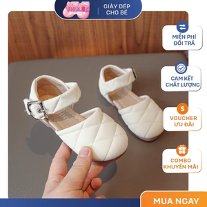Giày Búp Bê Bé Gái Da Mềm Phối Khóa Vuông, Mũi Trần Chần Sang Trọng, Màu Hồng Kem Thời Trang