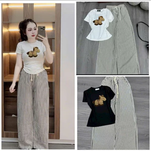 Sét Bộ Nữ In Lừa Vàng Dáng Babytee Ôm Eo Phối Quần Dài Sọc Kẻ Basic Nữ Tính Trẻ Trung Năng Động