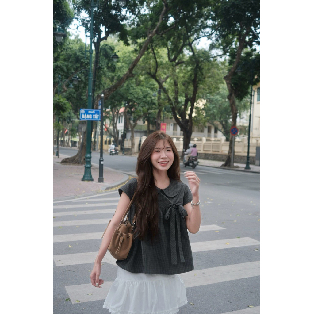 Áo babydoll KẺ CARO cổ sen cài nơ Nữ the.sweaterweather TSW