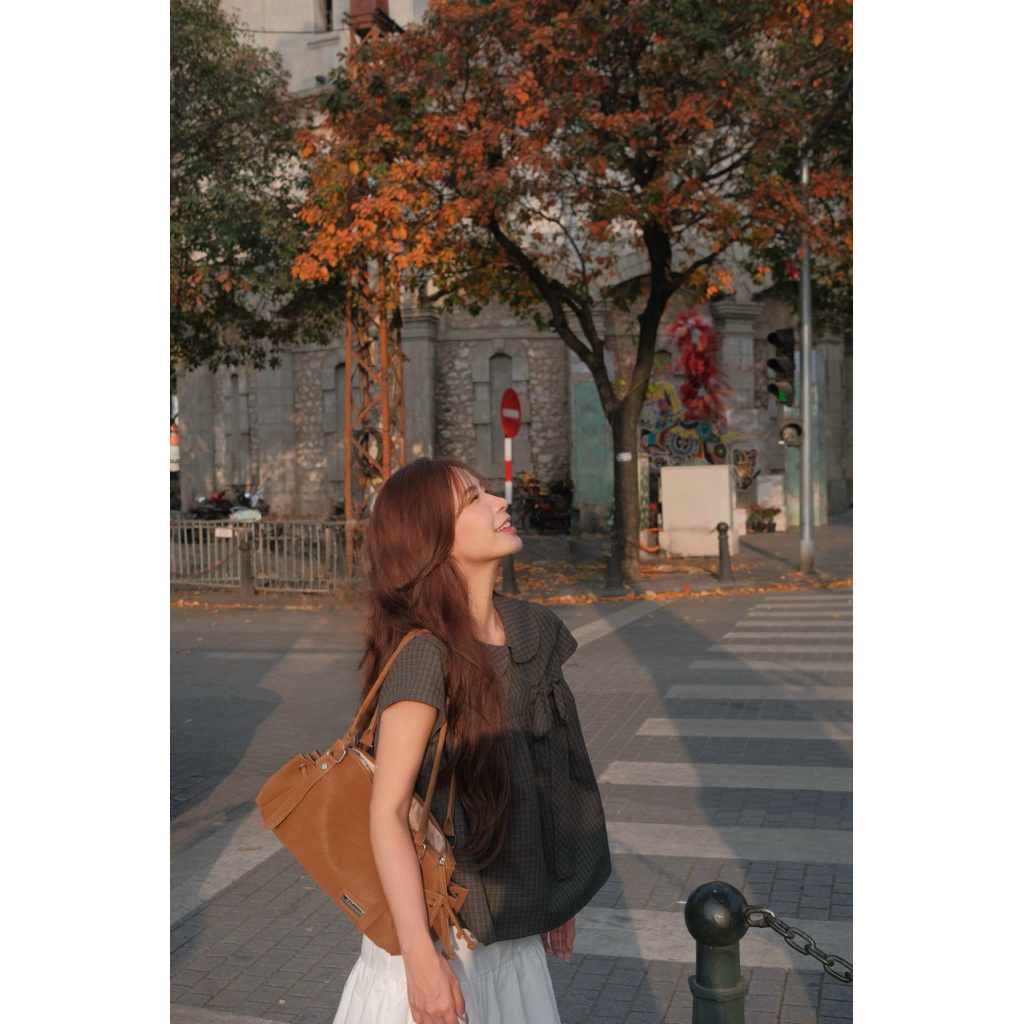 Áo babydoll KẺ CARO cổ sen cài nơ Nữ the.sweaterweather TSW