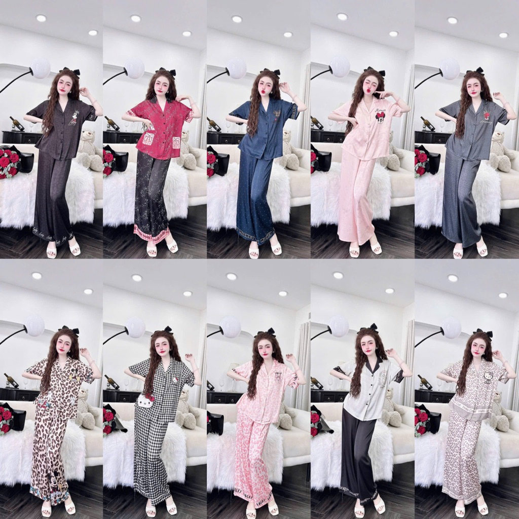 45-65kg Bộ ngủ set pijama TAY NGẮN hoạ tiết lụa LATIN Sang phom QC mềm mịn mát
