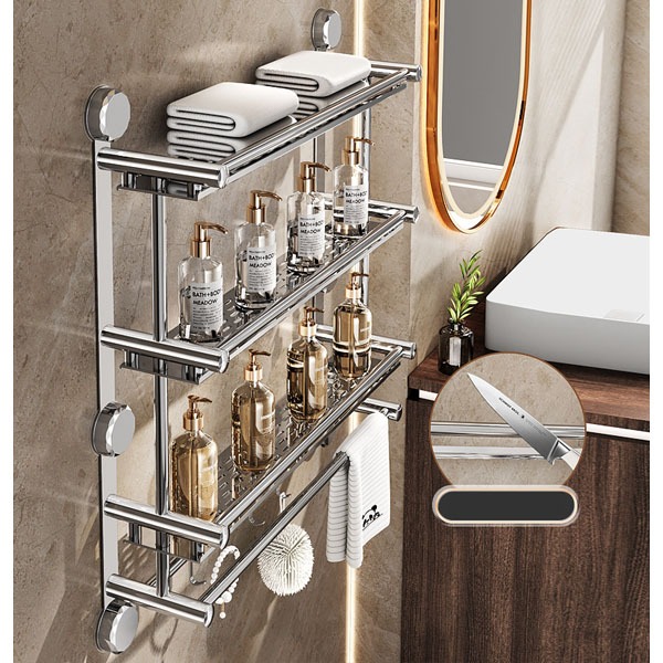 Kệ treo tường đa năng inox 2 tầng 3 tầng, giá treo khăn, kệ để đồ nhà tắm SH0060 không khoan đục
