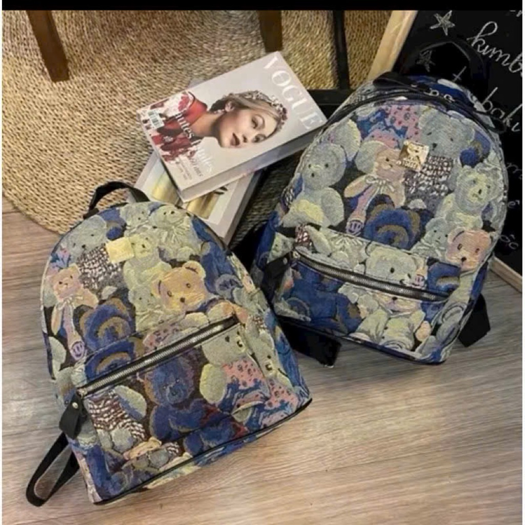 Balo Nữ Họa Tiết Gấu Vintage Dệt Thổ Cẩm Cao Cấp – Balo Đi Học Đi Chơi - B17