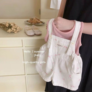 Set yếm màu trắng in hoa + áo thun phong cách hàn quốc cho bé gái