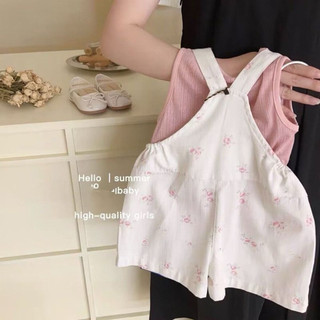 Set yếm màu trắng in hoa + áo thun phong cách hàn quốc cho bé gái