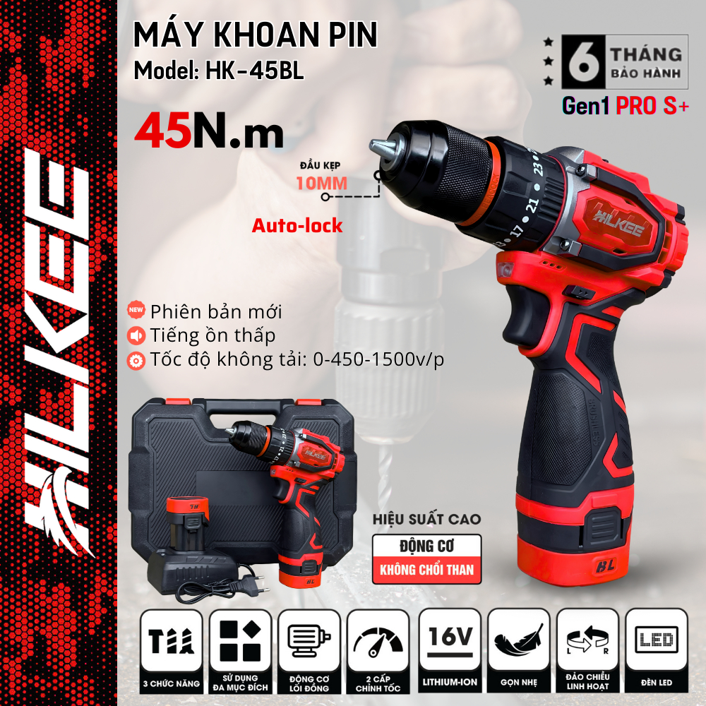 Máy khoan pin Hilkee HK-45BL 3 Chức Năng có búa - Động cơ không chổi ...