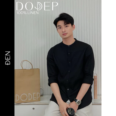 DODEP Áo sơmi nam linen 100% tay dài cổ trụ