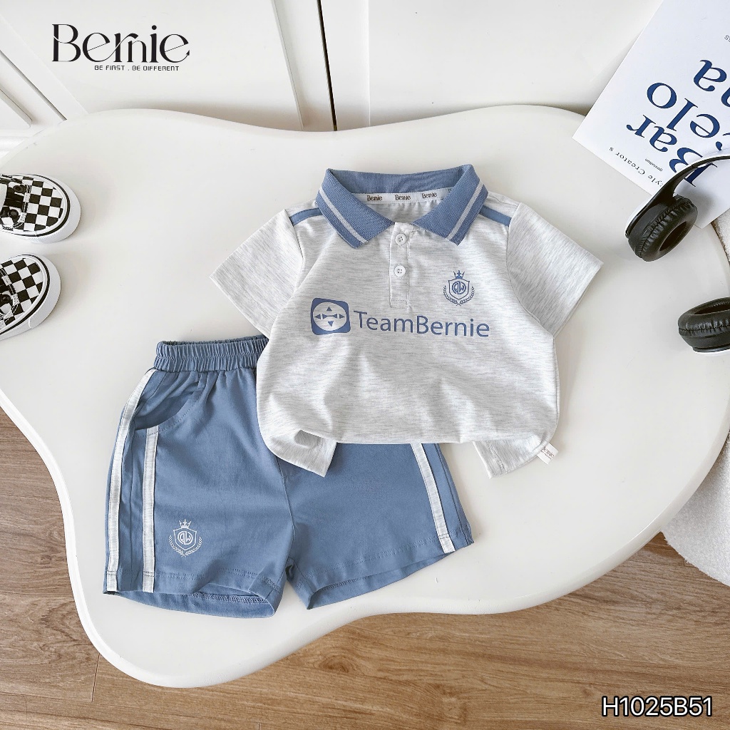 Bộ polo cotton cộc tay team bernie, bộ thun cổ dức phong cách thể thao cho bé trai