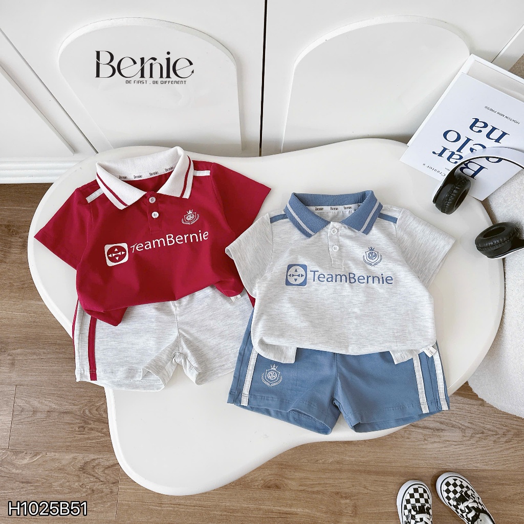 Bộ polo cotton cộc tay team bernie, bộ thun cổ dức phong cách thể thao cho bé trai