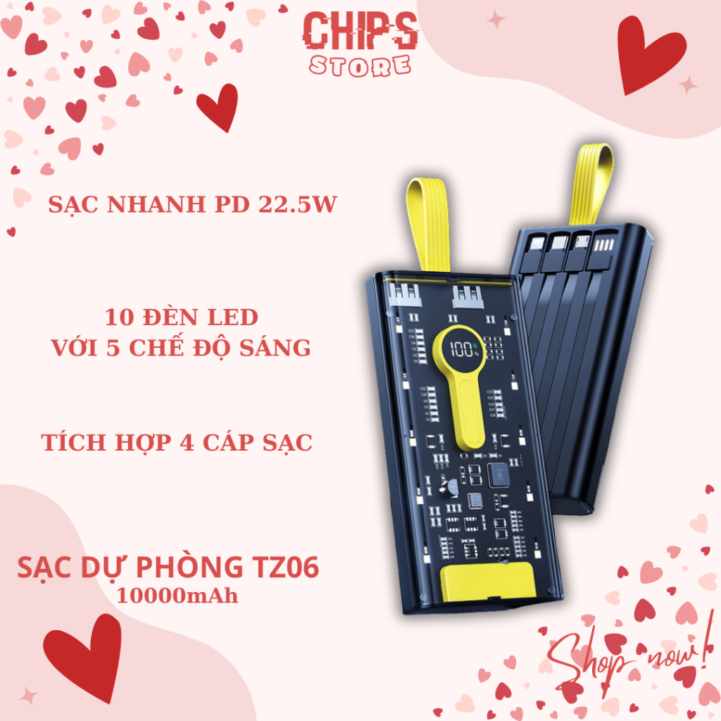 Sạc Dự Phòng Trong Suốt 10000mAh TZ06 Với 2 Cổng Sạc Nhanh 22.5W Kèm 4 Đầu Sạc, Tích Hợp Đèn LED