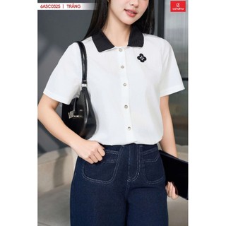 6ASC03 Áo sơ mi nữ CARDINA chất thô gió tay cộc gấu rút phối cổ 6ASC03