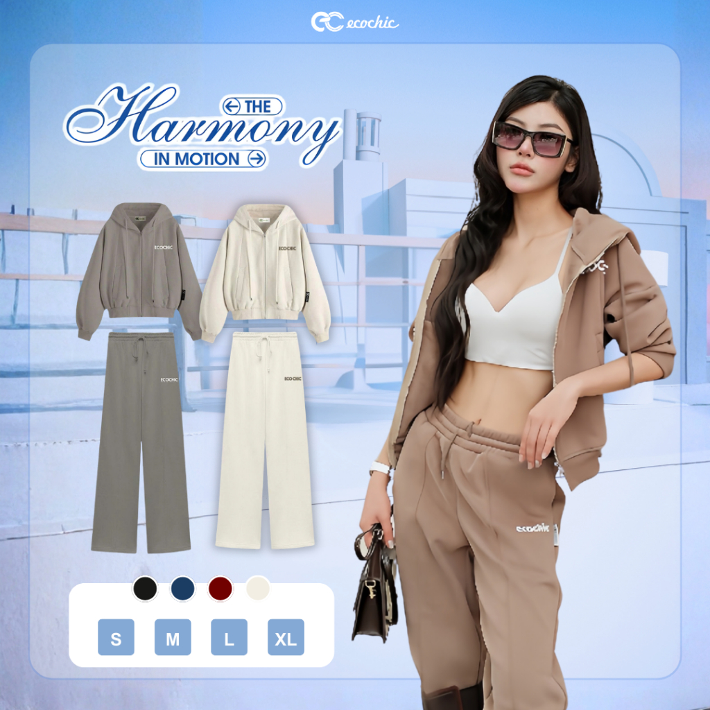 Set Bộ Hoodie Nỉ Lót Lông ECOCHIC Áo Khoác Phối Mũ Rộng Quần Ống Suông Chất Liệu Cao Cấp B218