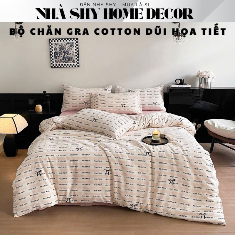 Set Chăn Ga Gối Đũi Cotton Họa Tiết Hàn Quốc - Set Vỏ Chăn và Chăn Chần 4 Món Cao Cấp - Nhà Shy Home Decor