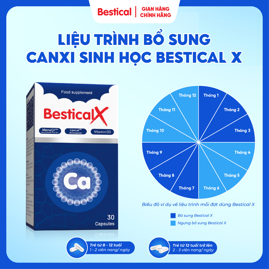 Canxi BesticalX - Canxi sinh học dạng viên, hỗ trợ xương chắc khỏe hộp 60 viên