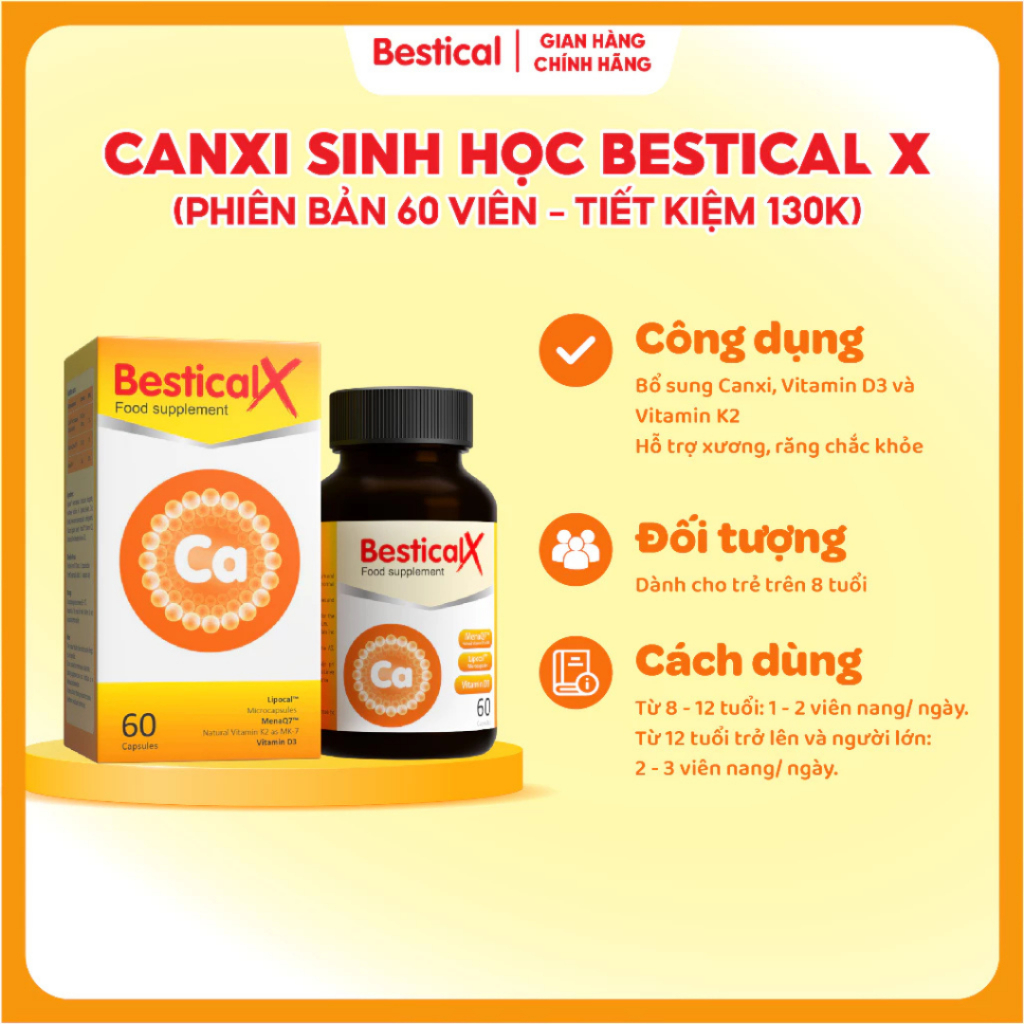 Canxi BesticalX - Canxi sinh học dạng viên, hỗ trợ xương chắc khỏe hộp 60 viên