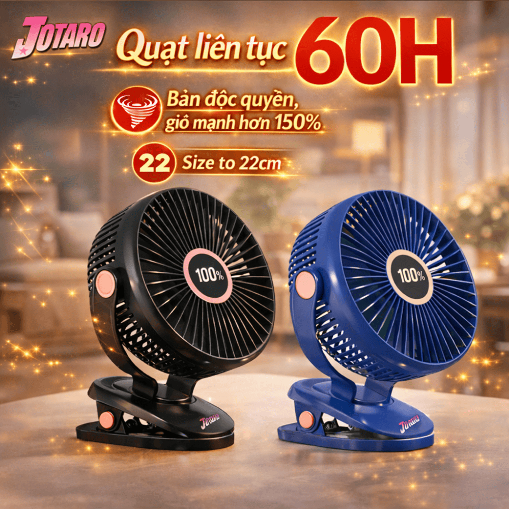 Quạt Tích Điện Kẹp LOẠI TO JOTARO J28 Pin Siêu Trâu 60Giờ, Hiện thị %pin, Dung Lượng Pin lớn, Lồng quạt 20cm