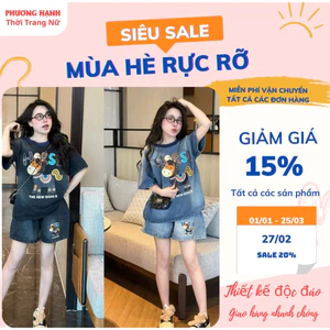 Sét Đồ Bộ Nữ Jean Wash In Hình Ngựa Freesize 45-65kg – Áo Cộc Tay Form Rộng Quần Short Cá Tính, Mặc Đi Chơi Cực Xinh