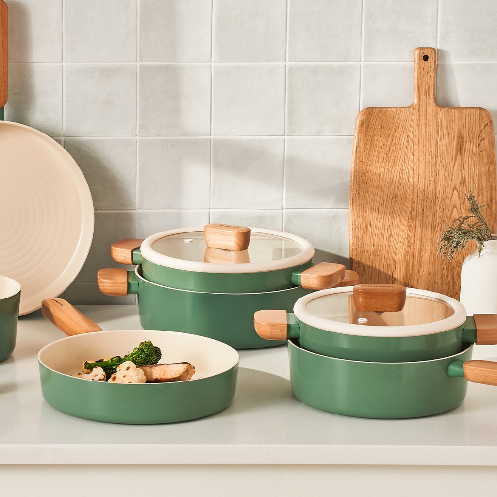 Nồi Chảo Chống Dính LocknLock Suit Sage IH Phủ Sứ Ceramic, Màu Xanh, Tay Cầm Gỗ, Nhiều Kích Thước - KMALL