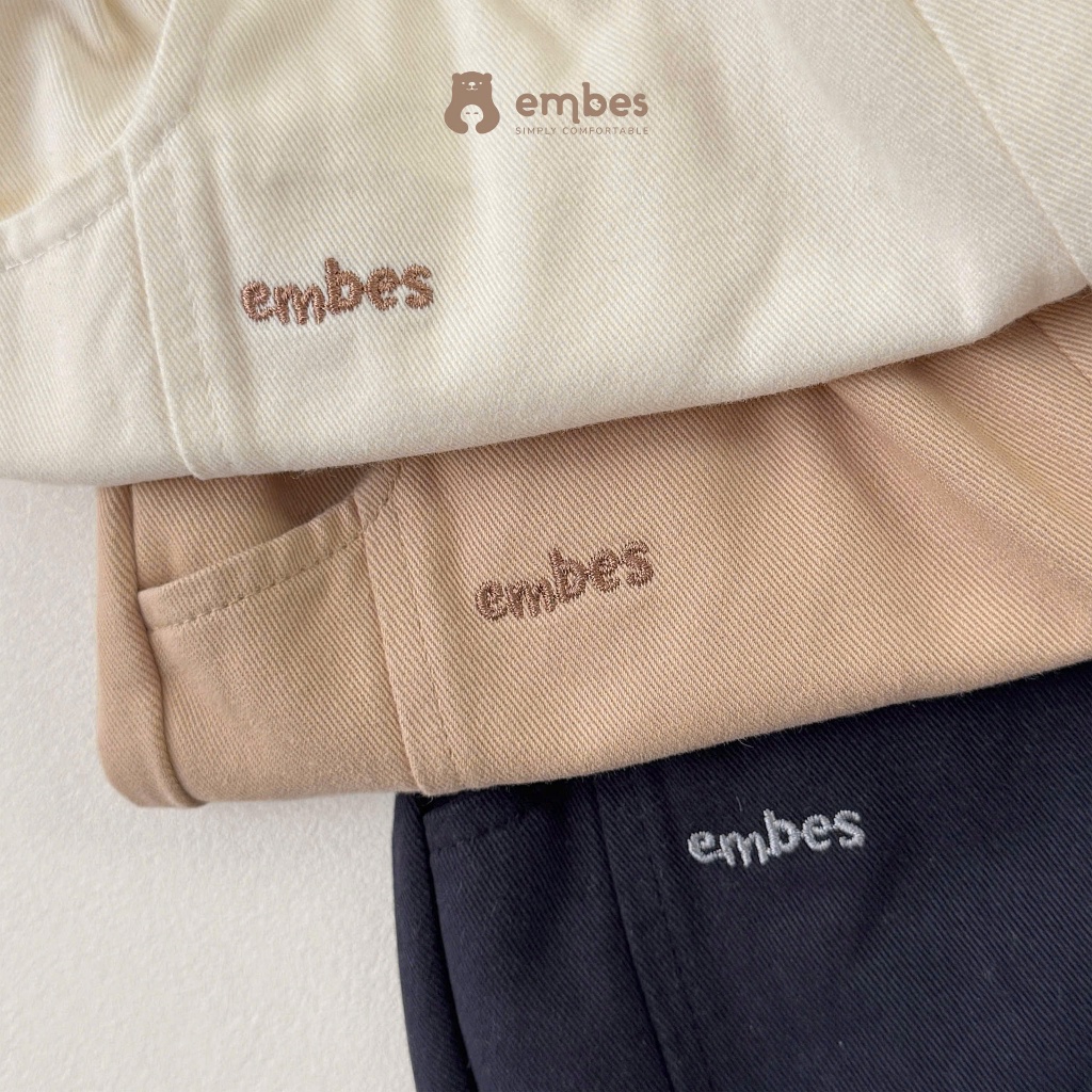 Quần Cộc Cho Bé Embes, Quần Đùi Kaki Thêu Hình Chất Kaki Mềm Mại Cho Bé Trai Bé Gái Size Từ 8-17kg