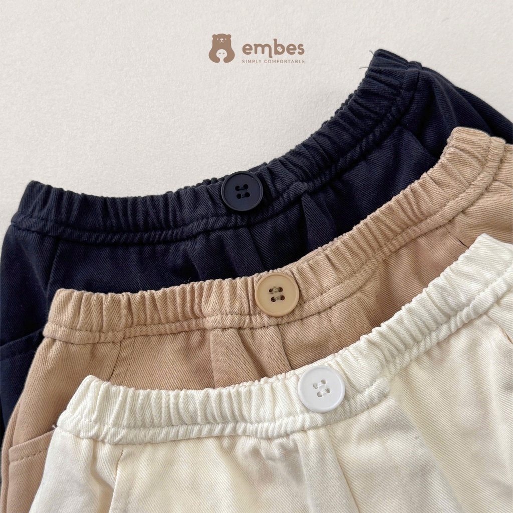 Quần Cộc Cho Bé Embes, Quần Đùi Kaki Thêu Hình Chất Kaki Mềm Mại Cho Bé Trai Bé Gái Size Từ 8-17kg
